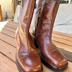 Brown platform square toe leather boots